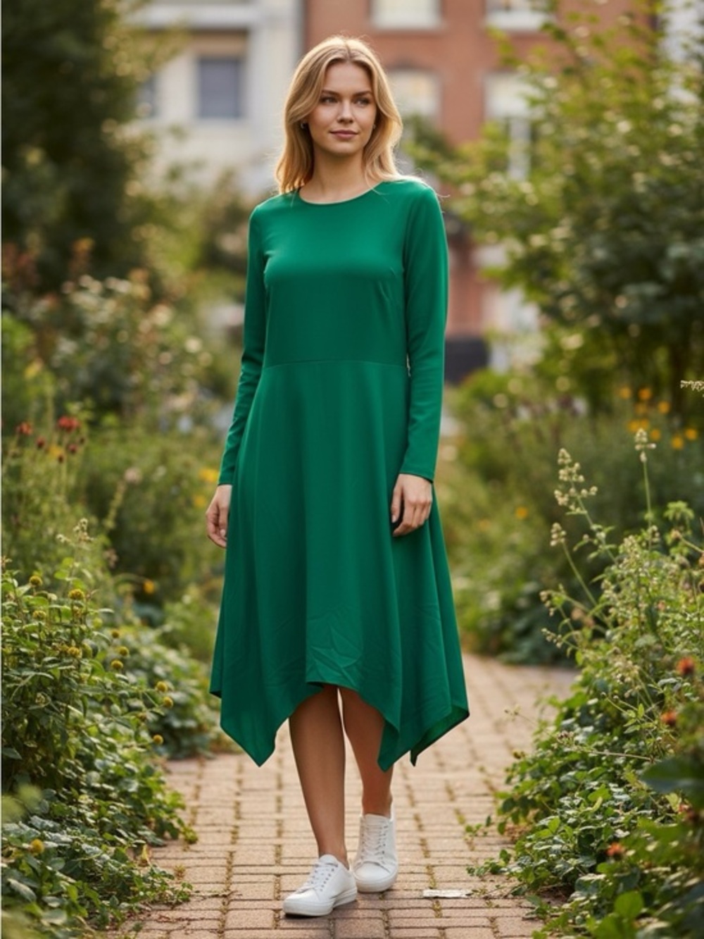 Long-Sleeve Emerald Green Handkerchief Hem Dress by